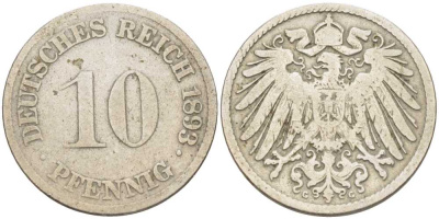 ГЕРМАНИЯ 10 ПФЕННИГОВ 1893 G KM 12, J. 13 медно-никель 4401-937
