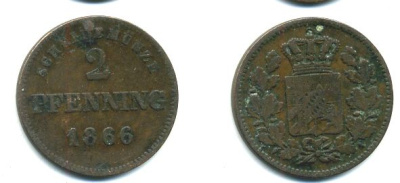 Бавария 2 пфеннига 1866 Людвиг II (1864-1886) KM 472 медь 62-2755