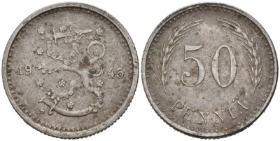 ФИНЛЯНДИЯ 50 ПЕННИ 1945 S KM 26b железо 192-1127