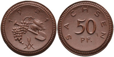 Саксония 50 пфеннигов 1921 виноград и лопата J. N 54 фарфор 1094-5-51