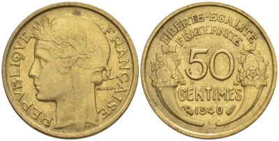 ФРАНЦИЯ 50 САНТИМОВ 1940 ТИП MORLON KM 894.1, LE FRANC 192.17 алюминиевая бронза 44-758