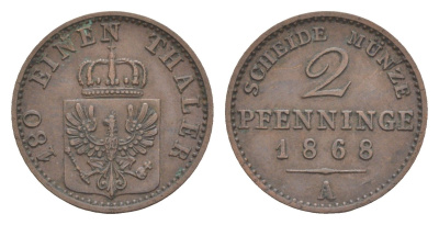 Пруссия 2 пфеннига 1868 A, Вильгельм I (1861-1888) KM 481, Jaeger 51, AKS 107, Olding 425 медь 4651-319