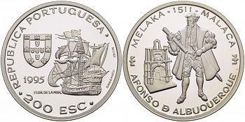 Португалия 200 эскудо 1995 Афонсу де Албукерки, захват Малакки в 1511 году KM 681а серебро PROOF 00-00