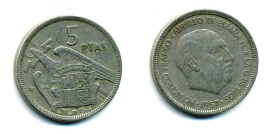 ИСПАНИЯ 5 ПЕСЕТ 1957 (58) ФРАНСИСКО ФРАНКО ДИКТАТОР ИСПАНИИ (1939-1975) KM 786 медно-никель 53-1234
