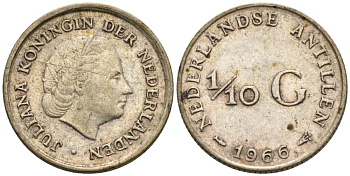 Нидерландские Антилы 1/10 гульдена 1966 Юлиана (1948-1980) KM 3 серебро 4564-517