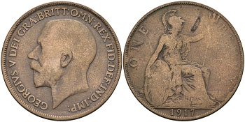 Великобритания 1 пенни 1917 Георг V (1910-1936) KM 810, Spink 4051 бронза 4572-1215