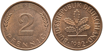 ФРГ 2 ПФЕННИГА 1982 G KM 106a, J.381a сталь плакированная сталь плакированная медьюю 96-625
