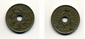 БЕЛЬГИЯ 25 САНТИМОВ 1922 BELGIE KM 69 медно-никель 41-645