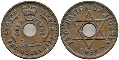 Нигерия 1/2 пенни 1959 Елизавета II (1952-), Британский протекторат KM 1 бронза 4387-267