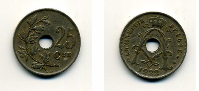 БЕЛЬГИЯ 25 САНТИМОВ 1922 BELGIE KM 69 медно-никель 41-645