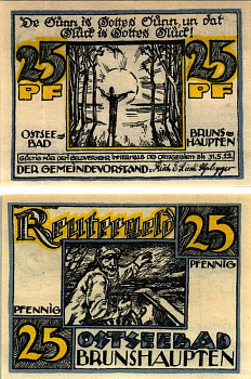 БРУНШАУПТЕН 25 ПФЕННИГОВ 1922 НОТГЕЛЬД, ИЮНЬ 1922 - 31 МАЯ 1922, ЗЕМЛЯ МЕКЛЕНБУРГ ПЕРЕДНЯЯ ПОМЕРАНИЯ Grabowski 195.1 бумага 7547-98-1-1