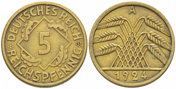 ГЕРМАНИЯ 5 РЕЙХСПФЕННИГОВ 1924 A, KM 39, J. 316 алюминиевая бронза 4532-549