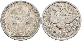 Французская Новая Каледония 2 франка 2003 птица кагу, (IEOM) KM 14, Schoen 11, Lec 68h алюминий    25-1247