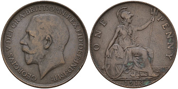 Великобритания 1 пенни 1913 Георг V (1910-1936) KM 810, Spink 4051 бронза 4149-713