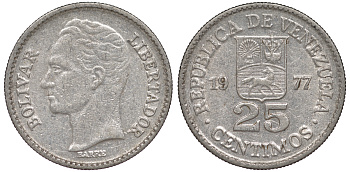 Венесуэла 25 сентимо 1977 Симон Боливар KM 50.2 никель 4594-451