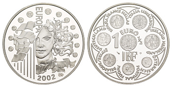 Франция 1 1/2 евро 2002 введение евро, в оригинальной коробке, сертификат KM 1301 серебро  PROOF  1-6-4-31