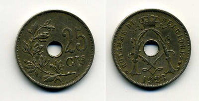 БЕЛЬГИЯ 25 САНТИМОВ 1928 BELGIQUE KM 68.1 медно-никель 37-1253