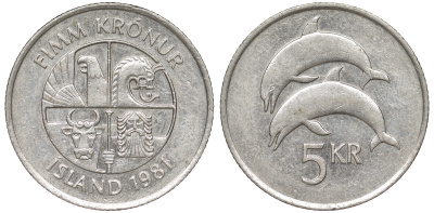 Исландия 5 крон 1981 дельфины KM 28 медно-никель 259-414