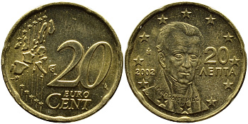 ГРЕЦИЯ 20 ЕВРОЦЕНТОВ 2002 KM 185 латунь 4390-1145