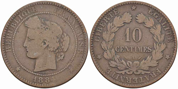 ФРАНЦИЯ 10 САНТИМОВ 1884 A, ТРЕТЬЯ РЕСПУБЛИКА (1871-1940) KM 815.1, LA FRANC 135.28 бронза 97-845