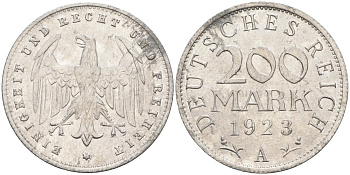Германия 200 марок 1923 A KM 35, J. 304, Weege 22 алюминий UNC 4586-254