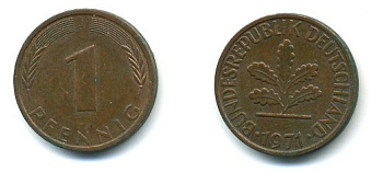 ФРГ 1 ПФЕННИГ 1971 J KM 105, J.380 сталь плакированная медью 3999-1042
