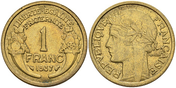 Франция 1 франк 1937 KM 885, Le Franc 219.2 алюминиевая бронза 4142-843