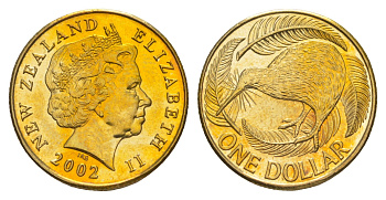 Новая Зеландия 1 доллар 2002 Елизавета II (1952-2022), птица киви KM 120 алюминиевая бронза UNC 4652-722