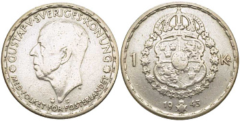 Швеция 1 крона 1943 G, Густав V (1907-1950) KM 814 серебро 119-1115