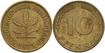 ФРГ 10 пфеннигов 1971 J J. 383, KM 108 сталь плакированная латунью    4603-354