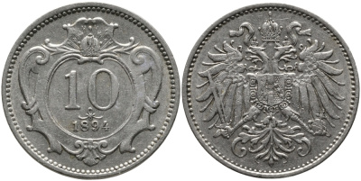 АВСТРИЯ 10 ГЕЛЛЕРОВ 1894 KM 2802 никель 4387-1239