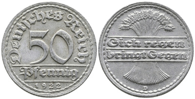 ГЕРМАНИЯ 50 ПФЕННИГОВ 1922 D KM 27, J. 301 алюминий 24-1112