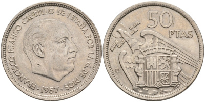 Испания 50 песет 1957 (58) Франсиско Франко (1939-1975) KM 788 медно-никель 189-921