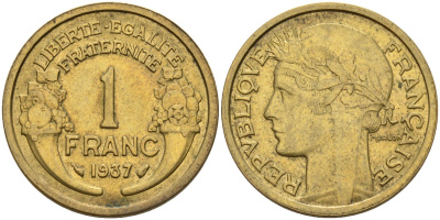 Франция 1 франк 1937 KM 885, Le Franc 219.2 алюминиевая бронза 4142-843