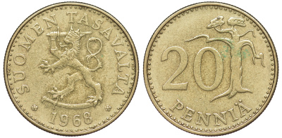 Финляндия 20 пенни 1968 S KM 47 алюминиевая бронза 259-525