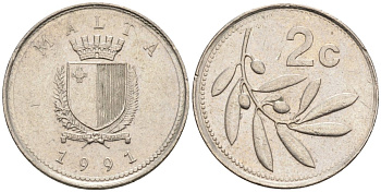 Мальта 2 цента 1991 оливковая ветвь KM 94 медно-никель 112-354