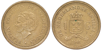 Нидерландские Антилы 1 гульден 1991 Беатрикс (1980-2013) KM 37 позолоченная сталь 25-2014