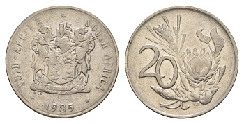 ЮАР 20 центов 1985 герб, цветок протея KM 86 никель 4601-555