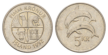 Исландия 5 крон 1992 дельфины KM 28 медно-никель 4691-412