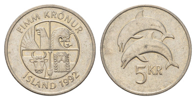 Исландия 5 крон 1992 дельфины KM 28 медно-никель 4691-412