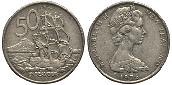 Новая Зеландия 50 центов 1976 Елизавета II (1952-2022), парусник Индевор KM 37.1 медно-никель VF 4185-735