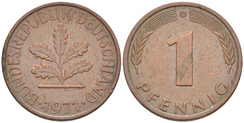 ФРГ 1 ПФЕННИГ 1971 D KM 105, J. 380 сталь плакированная медью 4181-557