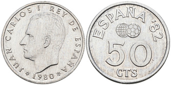 Испания 50 сентимо 1980 (80) чемпионат мира по футболу в Испании 1982 года, Хуан Карлос I KM 815 алюминий UNC 192-439
