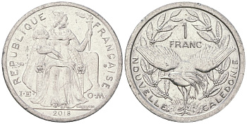 Французская Новая Каледония 1 франк 2018 птица кагу, (IEOM) KM 10, Schoen 10 алюминий 54-1455
