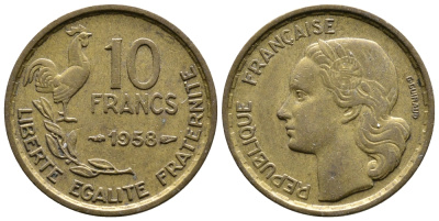 ФРАНЦИЯ 10 ФРАНКОВ 1958 KM 915.1 алюминиевая бронза 51-1117