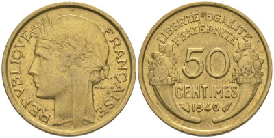 ФРАНЦИЯ 50 САНТИМОВ 1940 ТИП MORLON KM 894.1, LE FRANC 192.17 алюминиевая бронза 44-757
