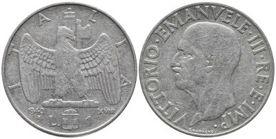 ИТАЛИЯ 1 ЛИРА 1940 R, РИФЛЕНЫЙ ГУРТ, МАГНИТНАЯ, ГОД XVIII KM 77b сталь 34-1241