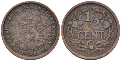 НИДЕРЛАНДЫ 1/2 ЦЕНТА 1928 ВИЛЬГЕЛЬМИНА (1890-1948) KM 138 бронза 39-219