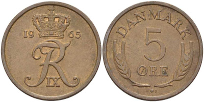 ДАНИЯ 5 ЭРЕ 1965 C; S, ФРЕДЕРИК IX (1947-1972) KM 848.1 бронза 67-751
