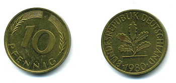 ФРГ 10 ПФЕННИГОВ 1980 J KM 108, J. 383 сталь плакированная латунью 46-1315